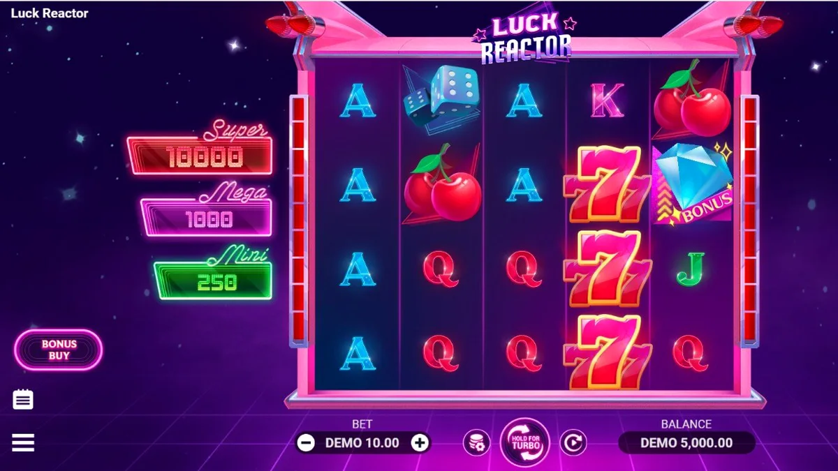 Interface futurista e neon do slot Luck Reactor com símbolos clássicos