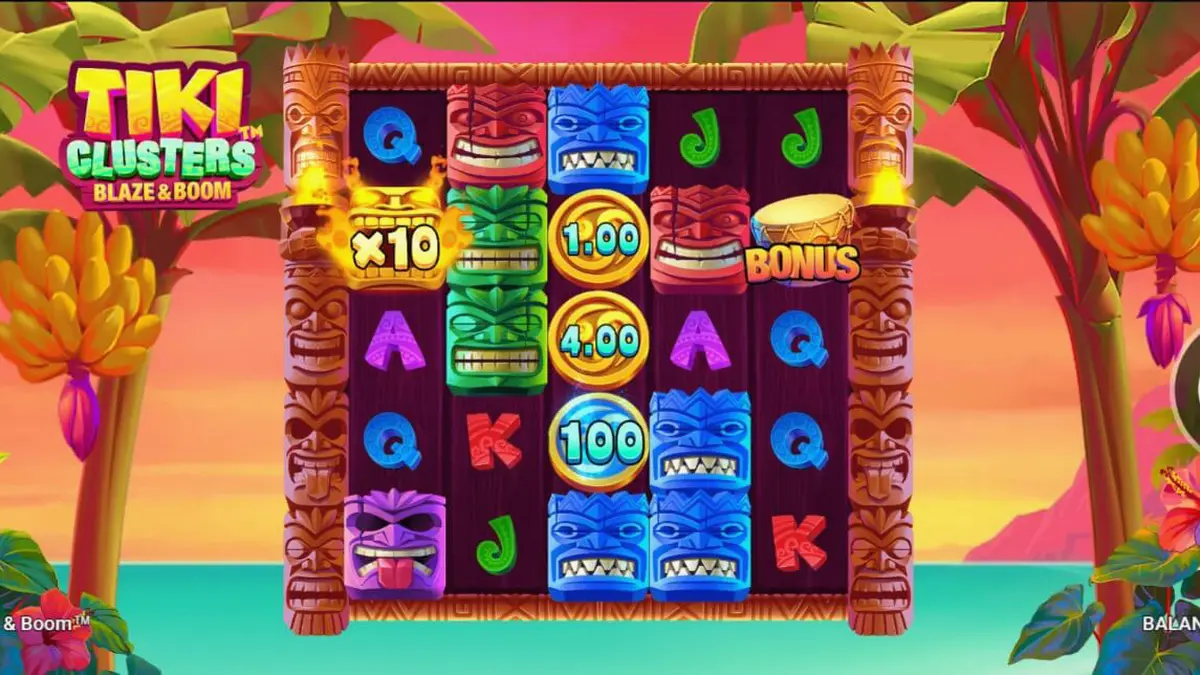 Visual vibrante e tropical do slot Tiki Clusters Blaze & Boom com máscaras Tiki e cenário de ilha.
